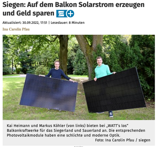 Startup für Balkonkraftwerke in der Westfalenpost (Siegen)