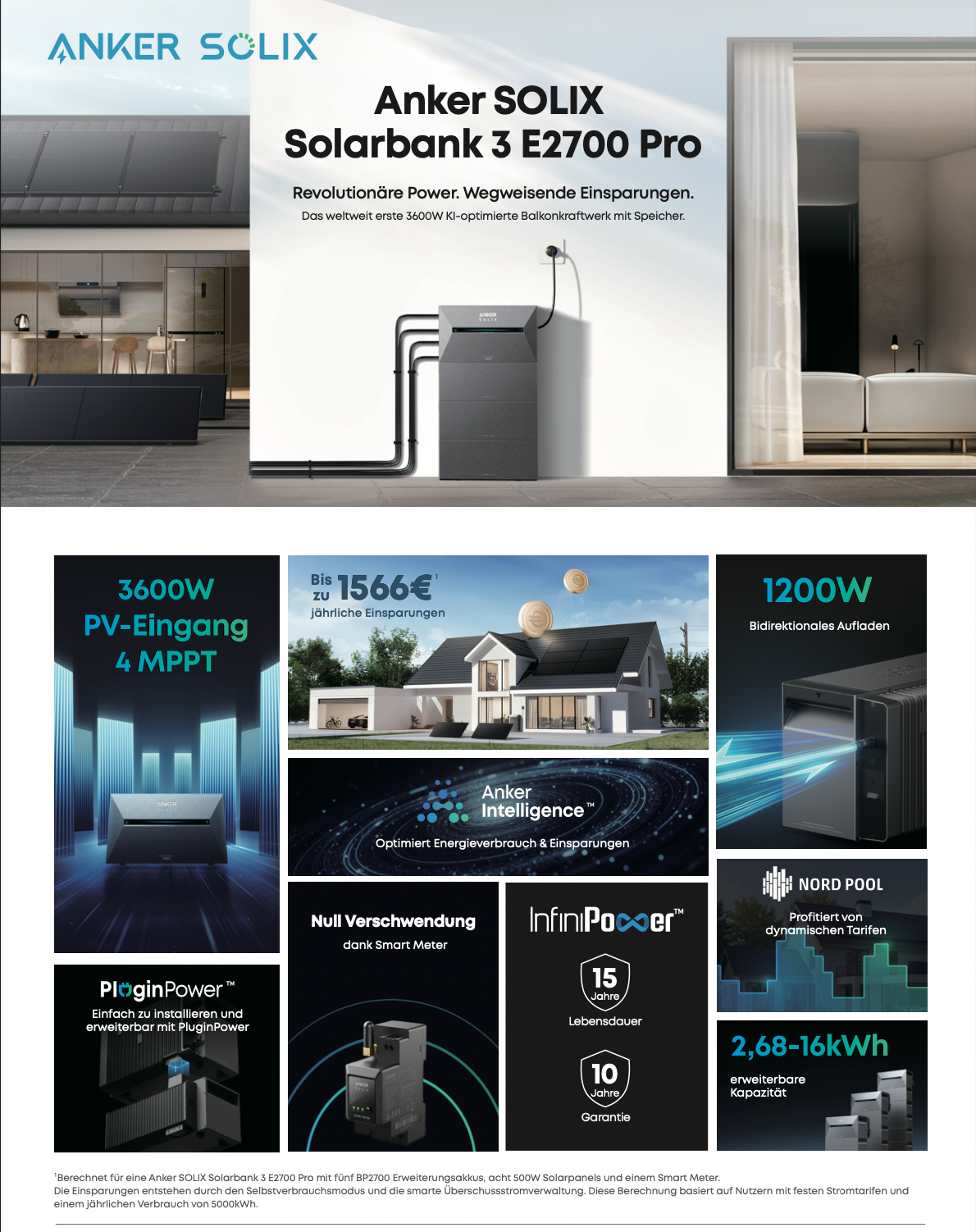 Balkonkraftwerk mit Speicher Anker SOLIX Solarbank 3 E2700 Pro | 800W / 1,8kWp